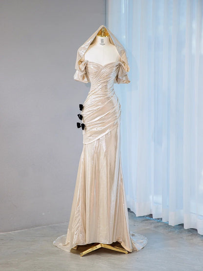 Charming Champagne Sheen Mermaid Ruched Bodice Maxi Dress Elegant Black Bow Details Formal Occasions Prom Dress AP2097