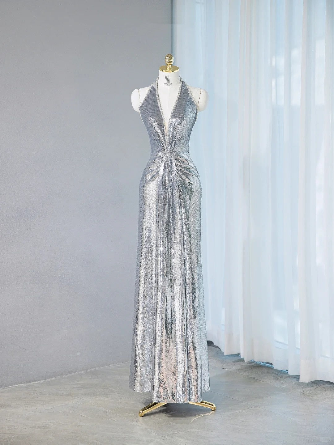 Exquisite Silver Sequin Plunging V-Neck Maxi Dress Evening Galas Beaded Trim Ruched Waist Prom Dress AP2098
