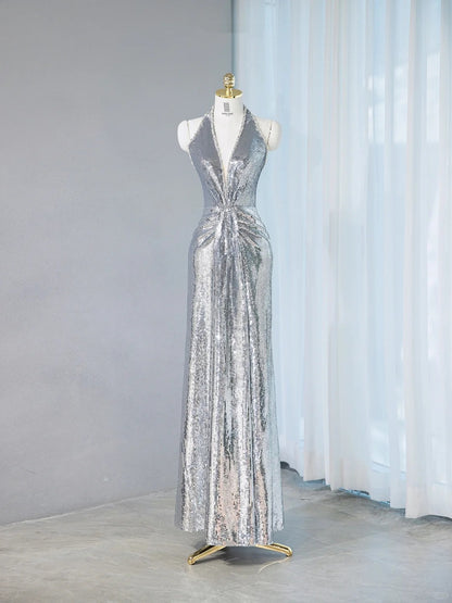 Exquisite Silver Sequin Plunging V-Neck Maxi Dress Evening Galas Beaded Trim Ruched Waist Prom Dress AP2098