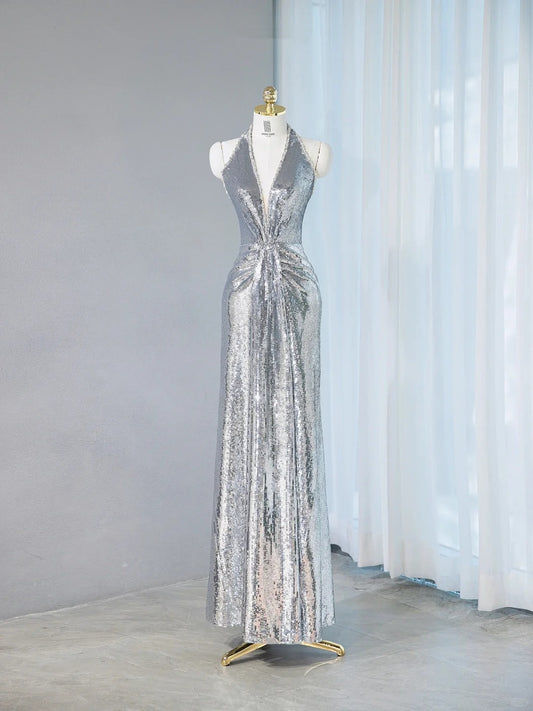 Exquisite Silver Sequin Plunging V-Neck Maxi Dress Evening Galas Beaded Trim Ruched Waist Prom Dress AP2098