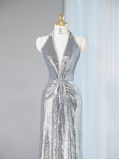 Exquisite Silver Sequin Plunging V-Neck Maxi Dress Evening Galas Beaded Trim Ruched Waist Prom Dress AP2098