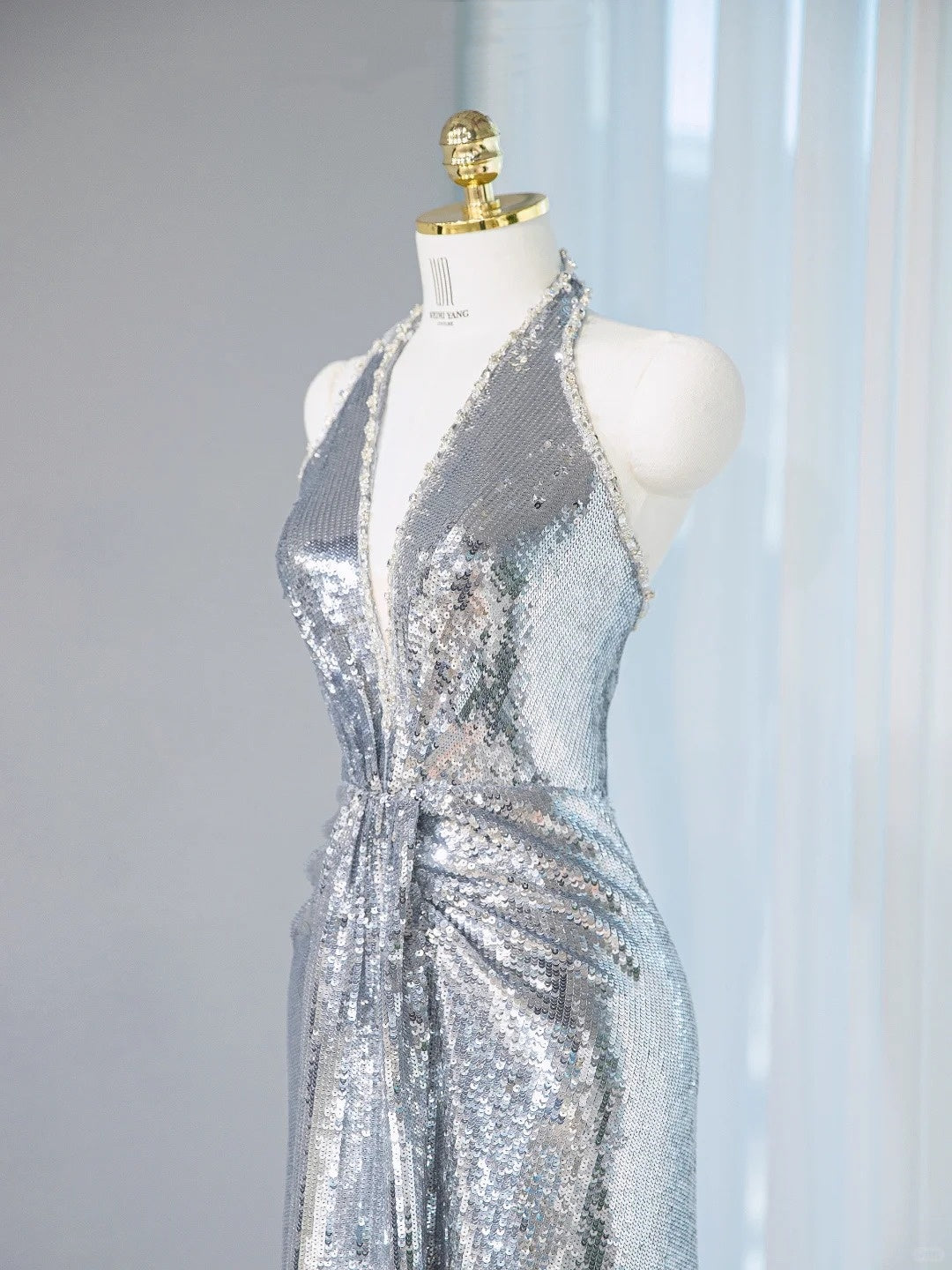 Exquisite Silver Sequin Plunging V-Neck Maxi Dress Evening Galas Beaded Trim Ruched Waist Prom Dress AP2098