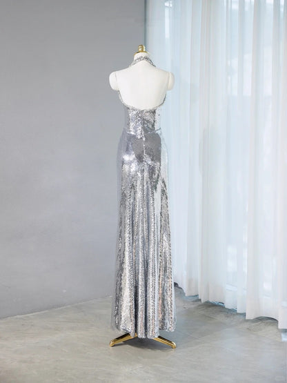 Exquisite Silver Sequin Plunging V-Neck Maxi Dress Evening Galas Beaded Trim Ruched Waist Prom Dress AP2098