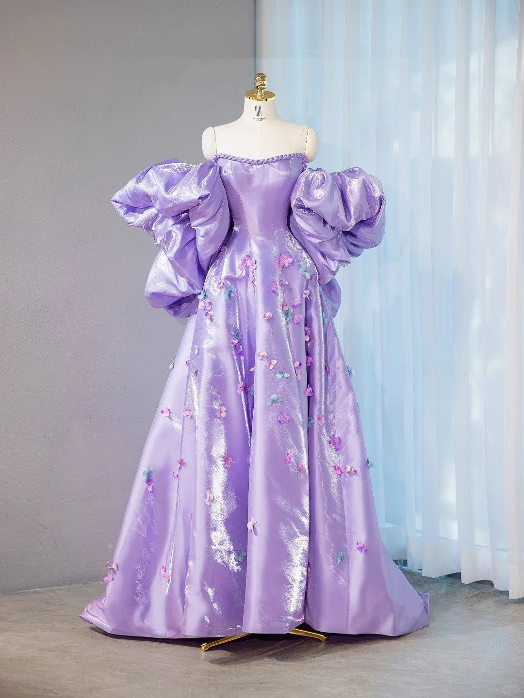 Graceful Purple Shiny Satin Off-Shoulder Maxi Dress 3D Floral Details Dramatic Oversized Puff Sleeves Prom Dress AP2099