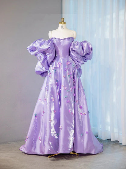 Graceful Purple Shiny Satin Off-Shoulder Maxi Dress 3D Floral Details Dramatic Oversized Puff Sleeves Prom Dress AP2099