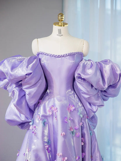 Graceful Purple Shiny Satin Off-Shoulder Maxi Dress 3D Floral Details Dramatic Oversized Puff Sleeves Prom Dress AP2099