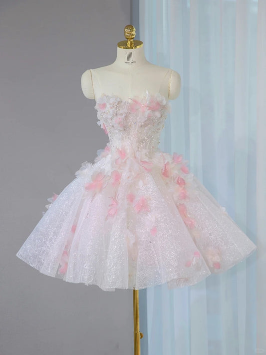 Unique Pink & White Strapless Big Bow Accent Mini Dress Charming 3D Floral Appliques Beading Homecoming Dress AP2100