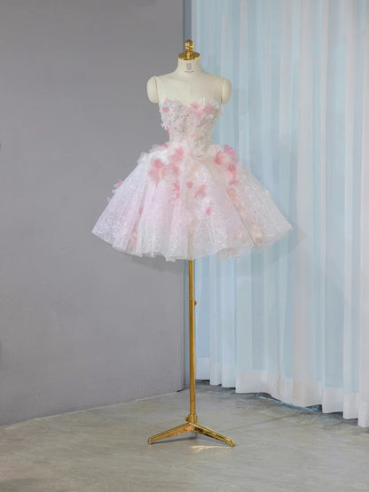 Unique Pink & White Strapless Big Bow Accent Mini Dress Charming 3D Floral Appliques Beading Homecoming Dress AP2100