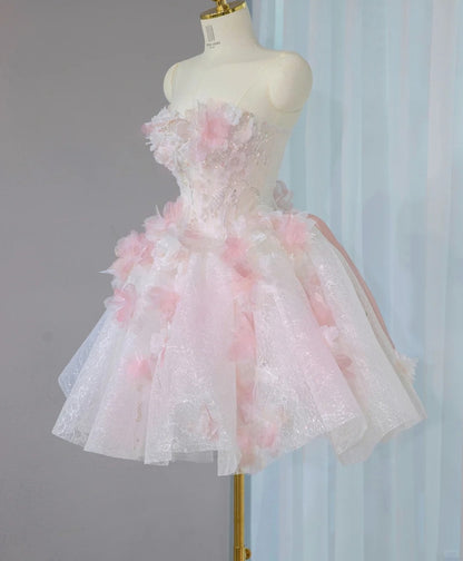 Unique Pink & White Strapless Big Bow Accent Mini Dress Charming 3D Floral Appliques Beading Homecoming Dress AP2100