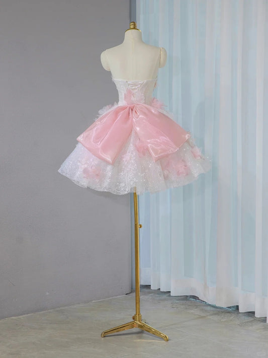 Unique Pink & White Strapless Big Bow Accent Mini Dress Charming 3D Floral Appliques Beading Homecoming Dress AP2100