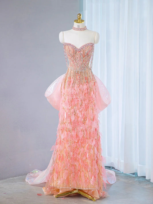 French Style Crystal Beaded Strapless Cutout Waist Maxi Dress Luxurious Peach Pink Feather Trimmed Prom Dress AP2101