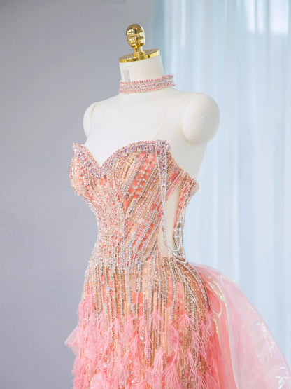 French Style Crystal Beaded Strapless Cutout Waist Maxi Dress Luxurious Peach Pink Feather Trimmed Prom Dress AP2101