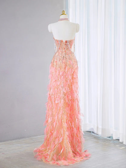 French Style Crystal Beaded Strapless Cutout Waist Maxi Dress Luxurious Peach Pink Feather Trimmed Prom Dress AP2101