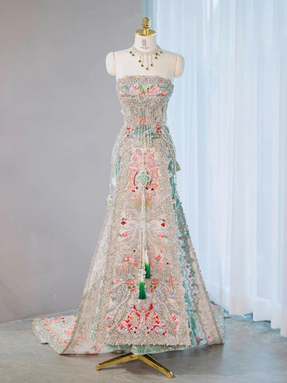 Luxurious Floral Embroidery Beaded Tassels Maxi Dress With Extravagant Train Vintage Strapless Prom Dress AP2102