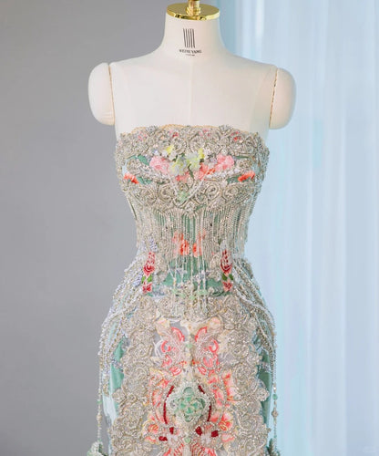 Luxurious Floral Embroidery Beaded Tassels Maxi Dress With Extravagant Train Vintage Strapless Prom Dress AP2102