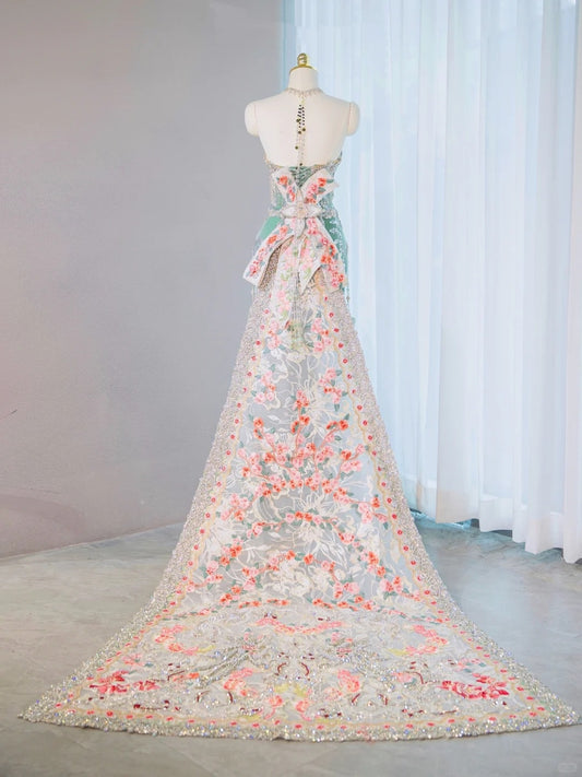 Luxurious Floral Embroidery Beaded Tassels Maxi Dress With Extravagant Train Vintage Strapless Prom Dress AP2102