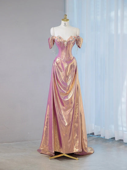 Glam Sheen Fabric Metallic Off-Shoulder Pearl Details Maxi Dress Luxurious Corset Bodice Draped 3D Floral Prom Dress AP2103