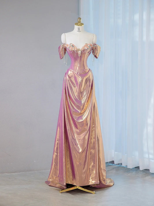 Glam Sheen Fabric Metallic Off-Shoulder Pearl Details Maxi Dress Luxurious Corset Bodice Draped 3D Floral Prom Dress AP2103