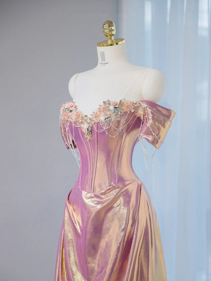 Glam Sheen Fabric Metallic Off-Shoulder Pearl Details Maxi Dress Luxurious Corset Bodice Draped 3D Floral Prom Dress AP2103