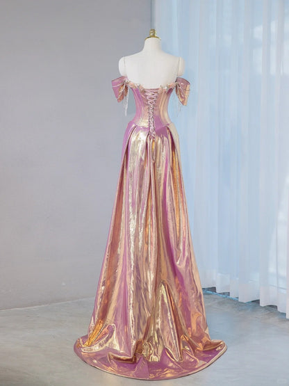 Glam Sheen Fabric Metallic Off-Shoulder Pearl Details Maxi Dress Luxurious Corset Bodice Draped 3D Floral Prom Dress AP2103