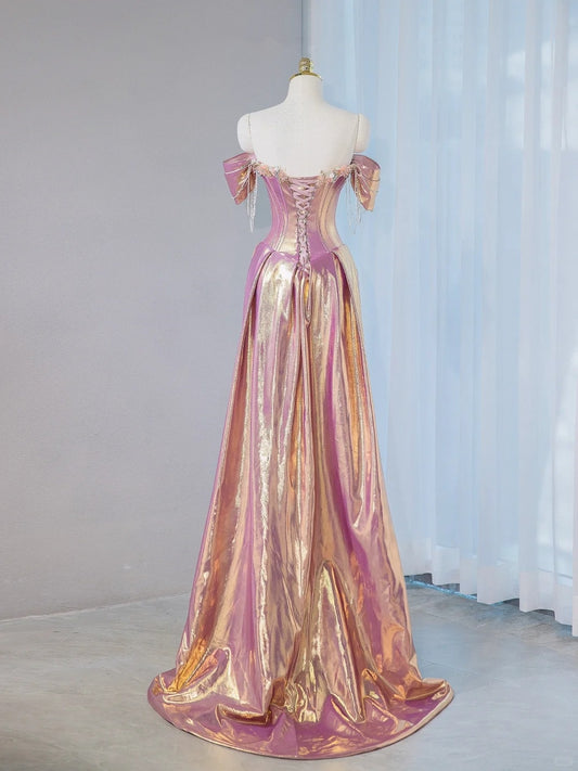 Glam Sheen Fabric Metallic Off-Shoulder Pearl Details Maxi Dress Luxurious Corset Bodice Draped 3D Floral Prom Dress AP2103