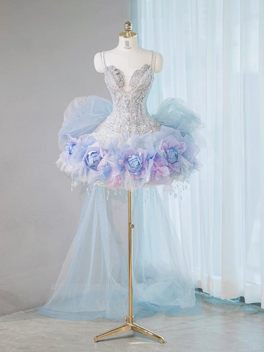 Dreamy Handcrafted Flowers Blue Tulle Trimmed Mini Dress Romantic Spaghetti Strap Crystal Tassel Beading Homecoming Dress AP2104