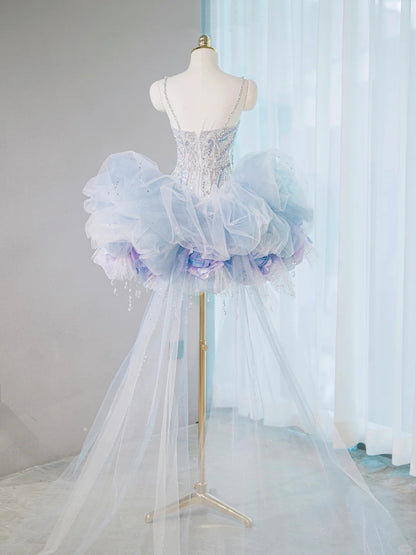 Dreamy Handcrafted Flowers Blue Tulle Trimmed Mini Dress Romantic Spaghetti Strap Crystal Tassel Beading Homecoming Dress AP2104