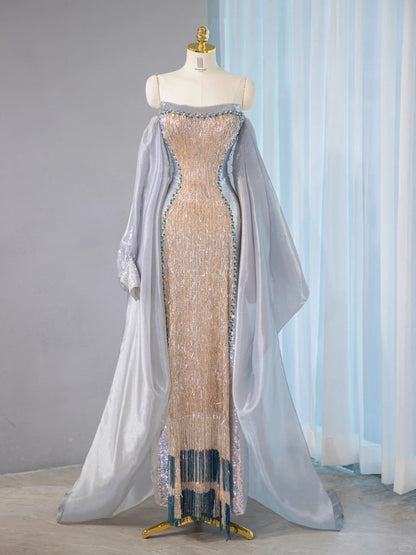 Glamorous Strapless Gold Beaded Mermaid Maxi Dress Classical Fringe Hem Silver Long Sleeve Splicing Flowing Train Prom Dress AP2105