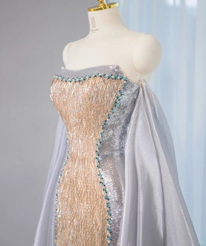 Glamorous Strapless Gold Beaded Mermaid Maxi Dress Classical Fringe Hem Silver Long Sleeve Splicing Flowing Train Prom Dress AP2105