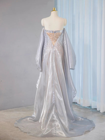 Glamorous Strapless Gold Beaded Mermaid Maxi Dress Classical Fringe Hem Silver Long Sleeve Splicing Flowing Train Prom Dress AP2105