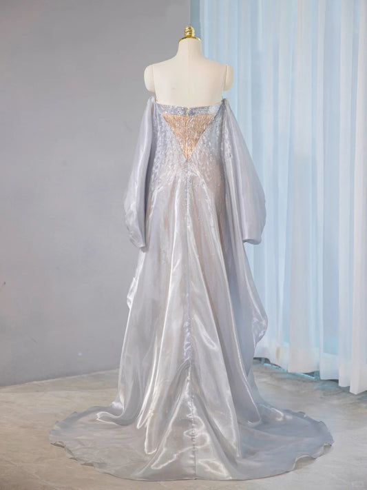 Glamorous Strapless Gold Beaded Mermaid Maxi Dress Classical Fringe Hem Silver Long Sleeve Splicing Flowing Train Prom Dress AP2105