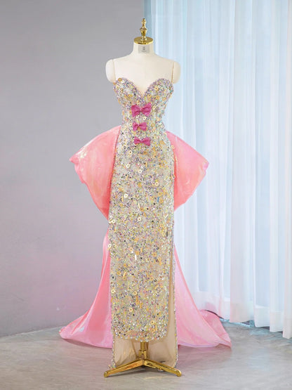 Glamorous Strapless Glittering Sequins Accent Maxi Dress Luxurious Hi-Lo Hem Oversized Bow Long Train Side Slit Prom Dress AP2106