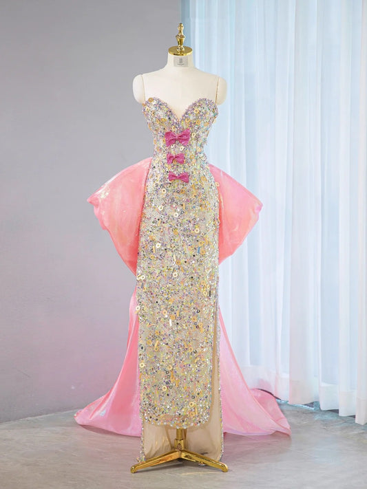 Glamorous Strapless Glittering Sequins Accent Maxi Dress Luxurious Hi-Lo Hem Oversized Bow Long Train Side Slit Prom Dress AP2106