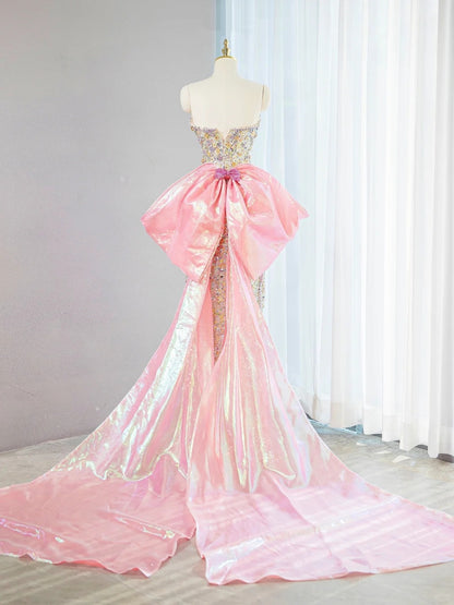 Glamorous Strapless Glittering Sequins Accent Maxi Dress Luxurious Hi-Lo Hem Oversized Bow Long Train Side Slit Prom Dress AP2106