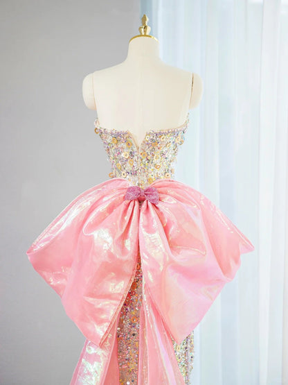 Glamorous Strapless Glittering Sequins Accent Maxi Dress Luxurious Hi-Lo Hem Oversized Bow Long Train Side Slit Prom Dress AP2106