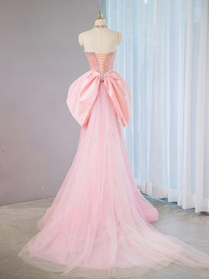 Elegant Strapless Crystal Embellishments Beading Maxi Dress Charming Cascade Tulle Splicing Oversized Bow Long Train Prom Dress AP2107