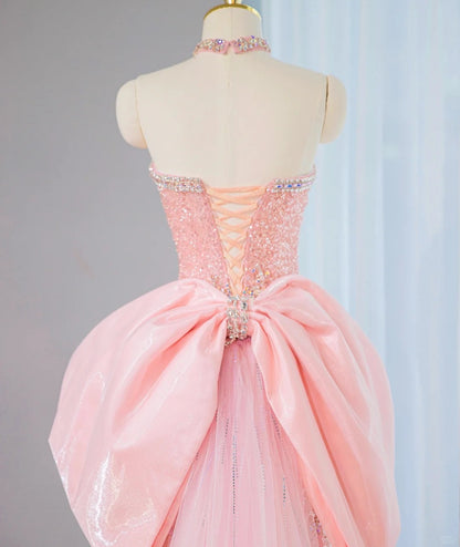 Elegant Strapless Crystal Embellishments Beading Maxi Dress Charming Cascade Tulle Splicing Oversized Bow Long Train Prom Dress AP2107