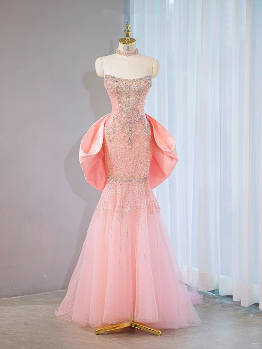 Elegant Strapless Crystal Embellishments Beading Maxi Dress Charming Cascade Tulle Splicing Oversized Bow Long Train Prom Dress AP2107