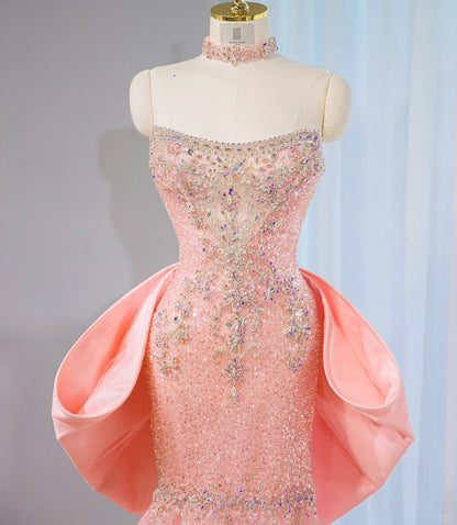 Elegant Strapless Crystal Embellishments Beading Maxi Dress Charming Cascade Tulle Splicing Oversized Bow Long Train Prom Dress AP2107