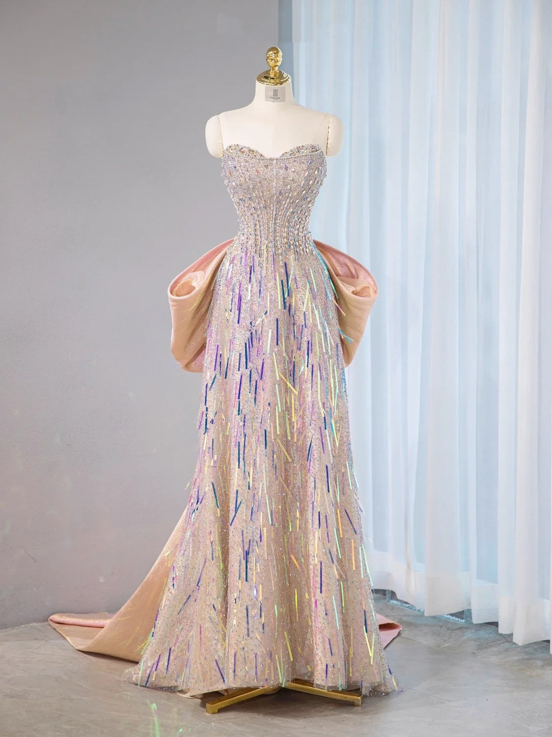 Exquisite Crystal Accent Strapless Beading Maxi Dress Graceful Oversized Bow Iridescent Tassel Trim Prom Dress AP2108