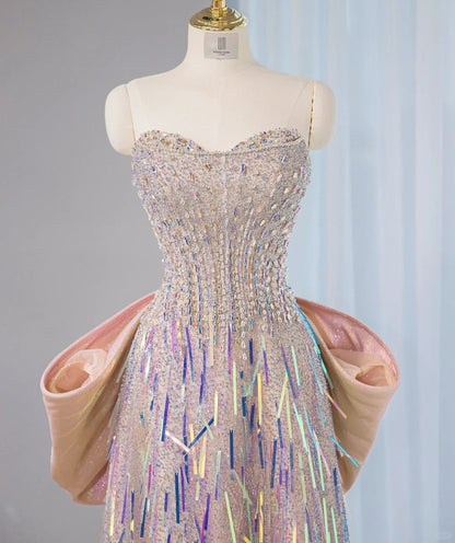 Exquisite Crystal Accent Strapless Beading Maxi Dress Graceful Oversized Bow Iridescent Tassel Trim Prom Dress AP2108