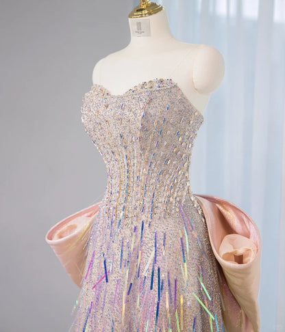 Exquisite Crystal Accent Strapless Beading Maxi Dress Graceful Oversized Bow Iridescent Tassel Trim Prom Dress AP2108