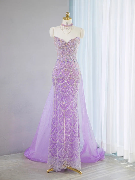 Charming Glittering Sequined Beading Maxi Dress With Tulle Train Romantic Purple Strapless Mermaid Prom Dress AP2109