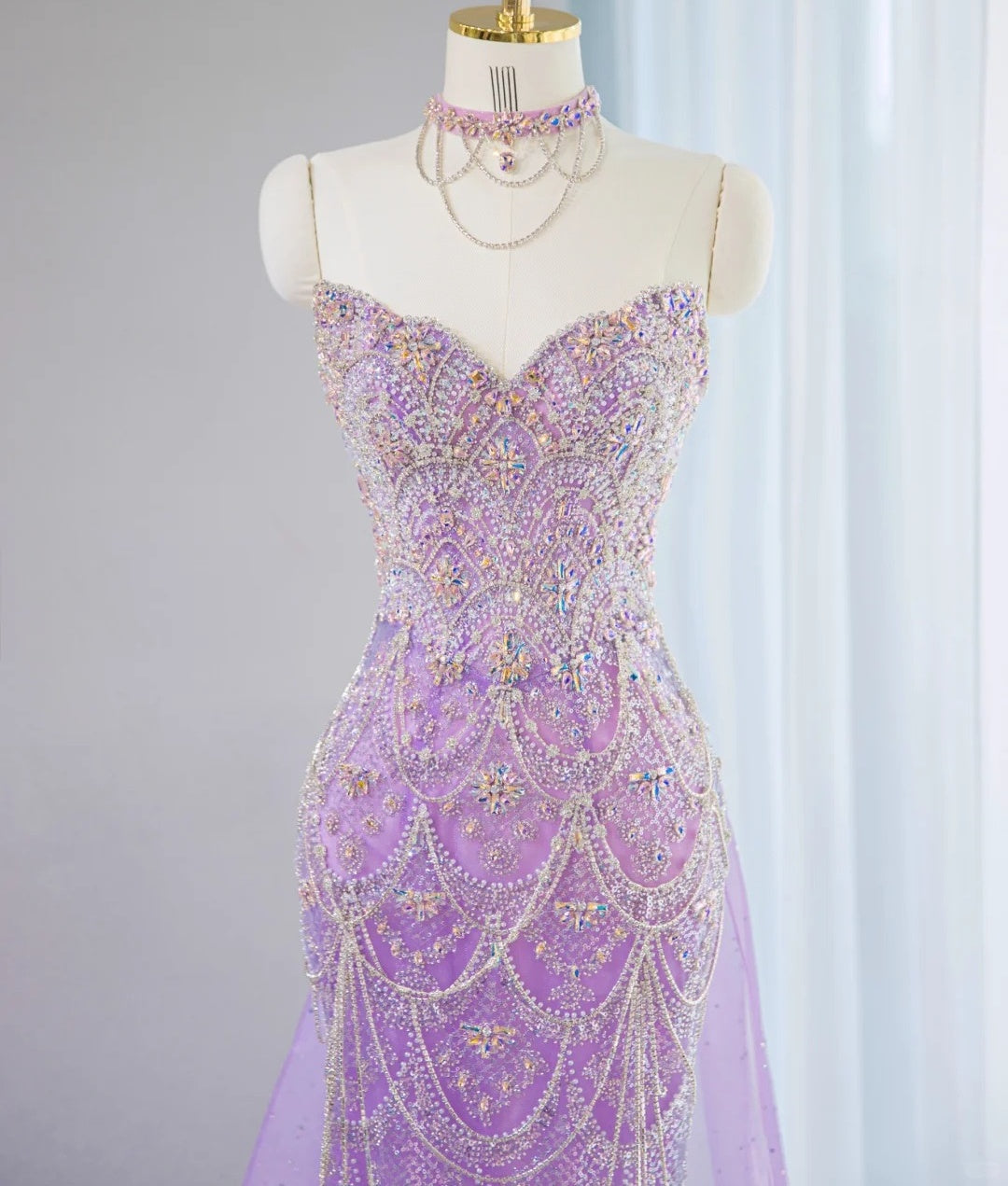 Charming Glittering Sequined Beading Maxi Dress With Tulle Train Romantic Purple Strapless Mermaid Prom Dress AP2109