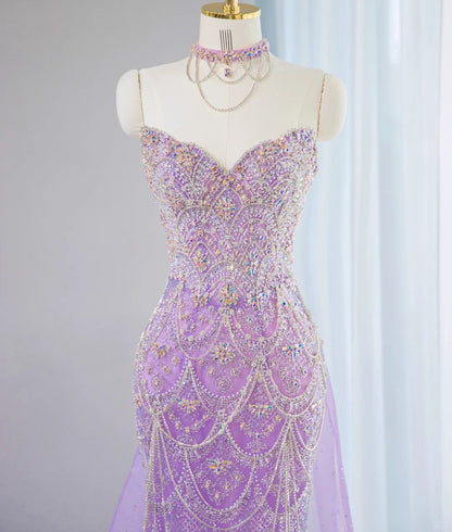 Charming Glittering Sequined Beading Maxi Dress With Tulle Train Romantic Purple Strapless Mermaid Prom Dress AP2109