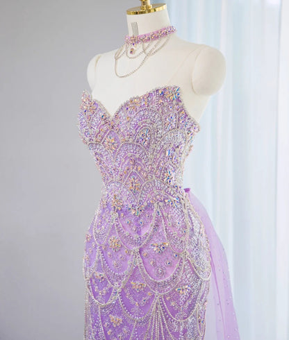 Charming Glittering Sequined Beading Maxi Dress With Tulle Train Romantic Purple Strapless Mermaid Prom Dress AP2109