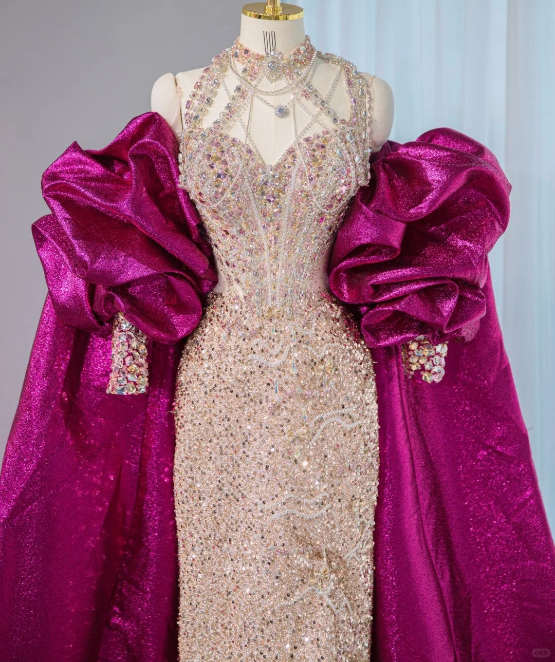 Sexy Sheen Magenta Oversized Cape Halter Maxi Dress Sweet 16 Sparkly Crystal Accent Long Sleeve Prom Dress AP2110