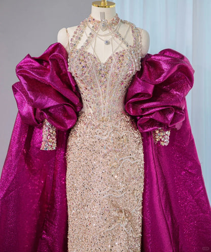 Sexy Sheen Magenta Oversized Cape Halter Maxi Dress Sweet 16 Sparkly Crystal Accent Long Sleeve Prom Dress AP2110