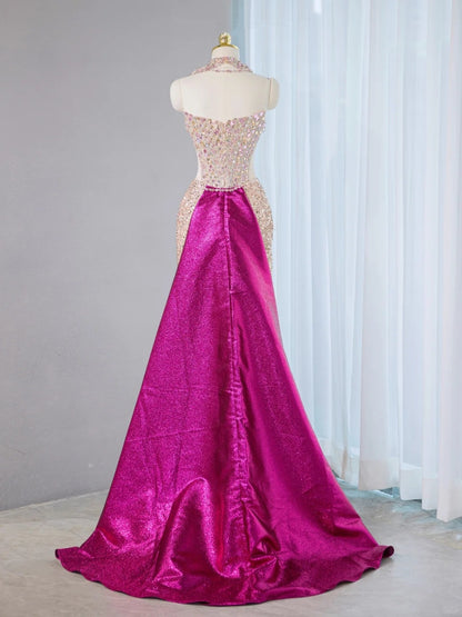 Sexy Sheen Magenta Oversized Cape Halter Maxi Dress Sweet 16 Sparkly Crystal Accent Long Sleeve Prom Dress AP2110