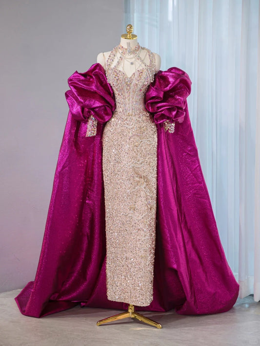Sexy Sheen Magenta Oversized Cape Halter Maxi Dress Sweet 16 Sparkly Crystal Accent Long Sleeve Prom Dress AP2110